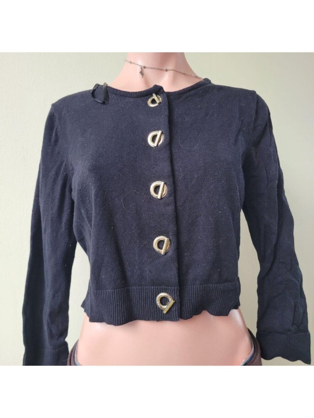 Calvin Klein Unique Metallic Chain Accent 3/4 Sleeve Black Knit Cardigan Top (M) - Picture 4 of 6